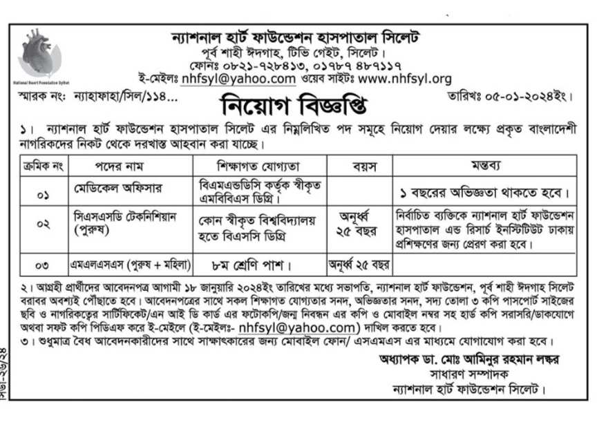 চাকরি দিচ্ছে ন্যাশনাল হার্ট ফাউন্ডেশন হাসপাতাল সিলেট