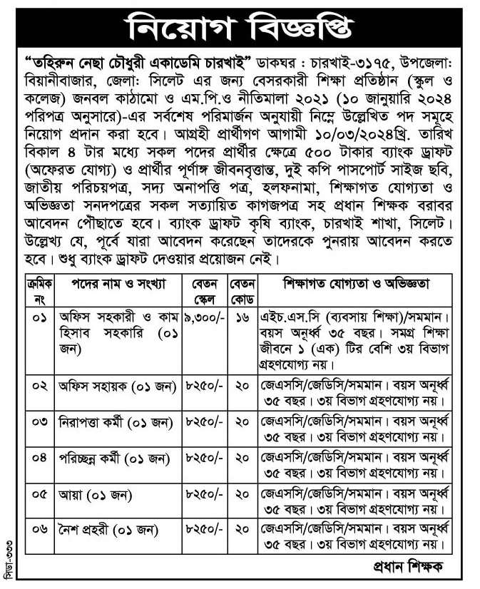 চাকরি দিচ্ছে তহিরুন নেছা চৌধুরী একাডেমি চারখাই