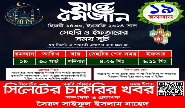 ১৯ রমজান সাহরি ও ইফতারের সময়সূচি