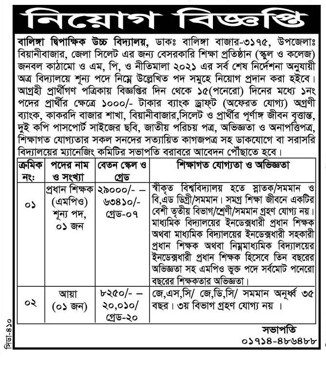 চাকরি দিচ্ছে বালিঙ্গা দ্বিপাক্ষিক উচ্চ বিদ্যালয়