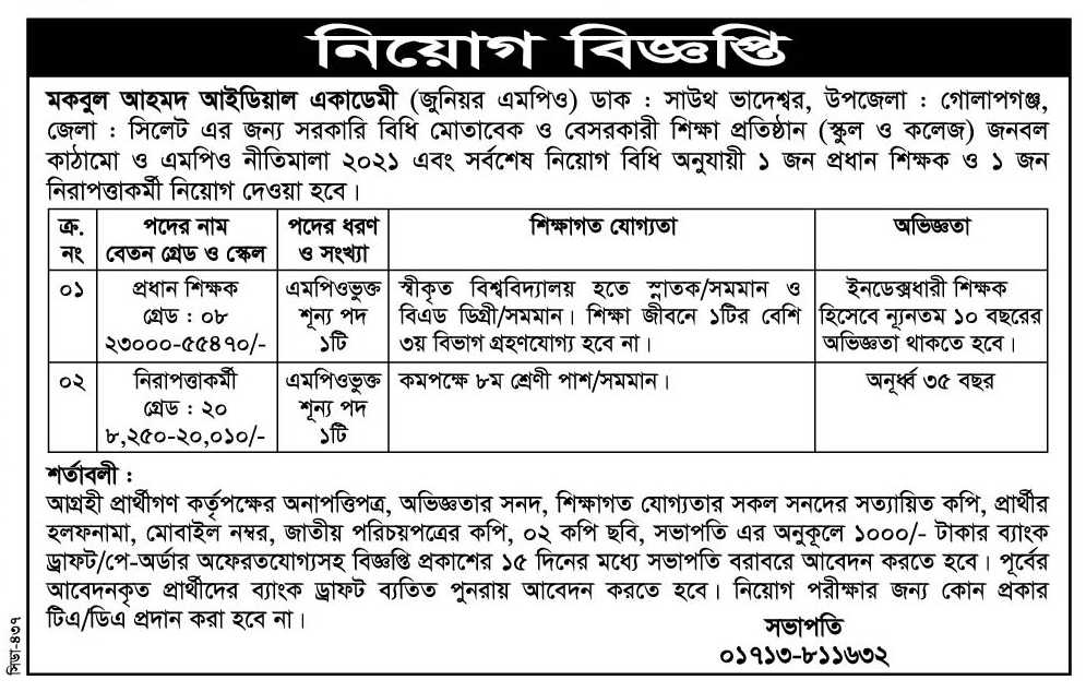 চাকরি দিচ্ছে মকবুল আহমদ আইডিয়াল একাডেমী
