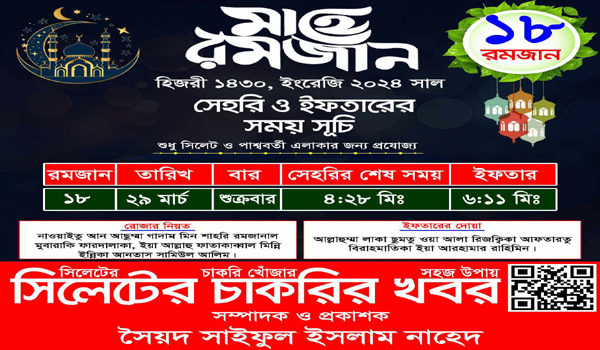 ১৮ রমজান সাহরি ও ইফতারের সময়সূচি