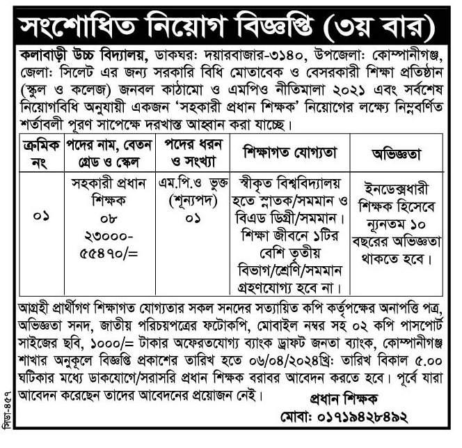 চাকরি দিচ্ছে কলাবাড়ী উচ্চ বিদ্যালয়