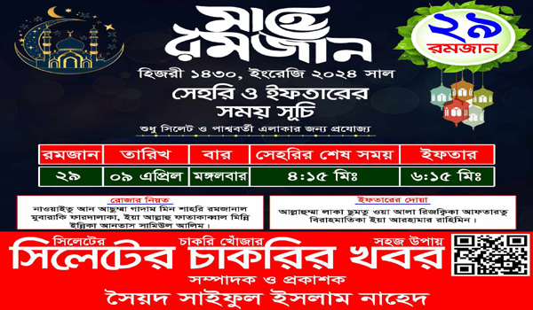 ২৯ রমজান সাহরি ও ইফতারের সময়সূচি