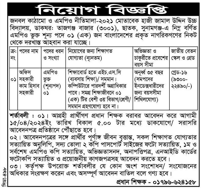 চাকরি দিচ্ছে হাজী জামাল উদ্দিন উচ্চ বিদ্যাল