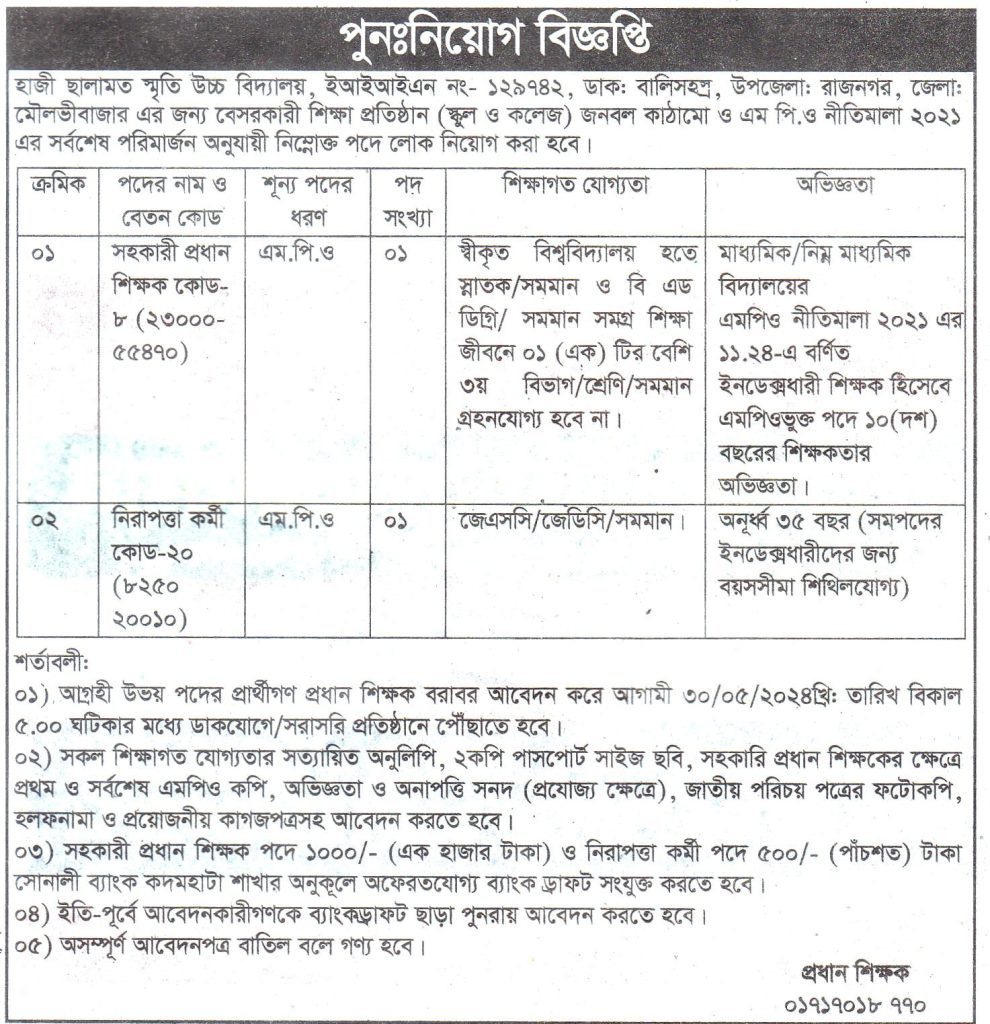 চাকরি দিচ্ছে হাজী ছালামত স্মৃতি উচ্চ বিদ্যালয়