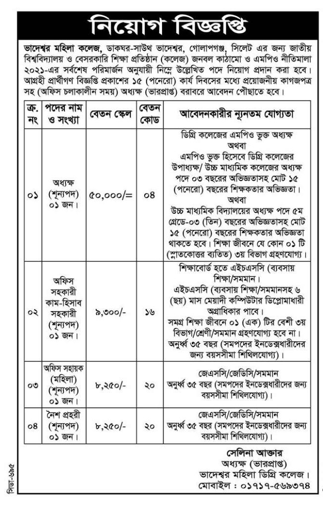 চাকরি দিচ্ছে ভাদেশ্বর মহিলা কলেজ