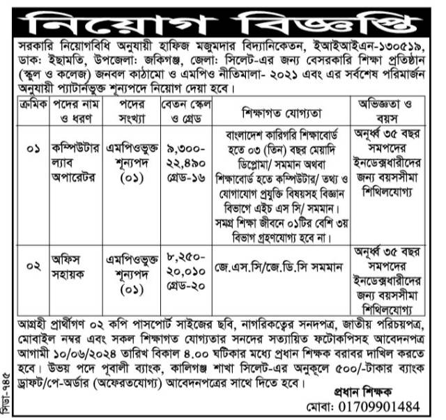 চাকরি দিচ্ছে হাফিজ মজুমদার বিদ্যানিকেতন