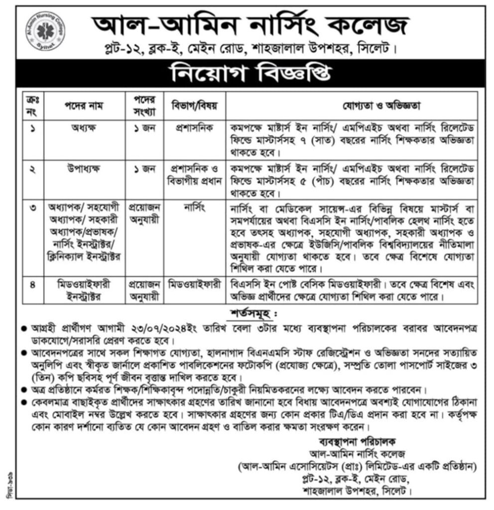 চাকরি দিচ্ছে আল-আমিন নার্সিং কলেজ