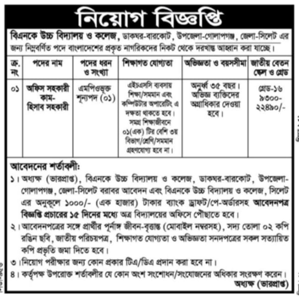 চাকরি দিচ্ছে বিএনকে উচ্চ বিদ্যালয় ও কলেজ