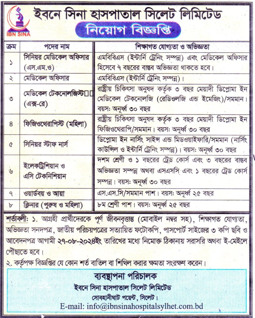 একাধিক পদে চাকরি দিচ্ছে ইবনে সিনা হাসপাতাল সিলেট লিমিটেড