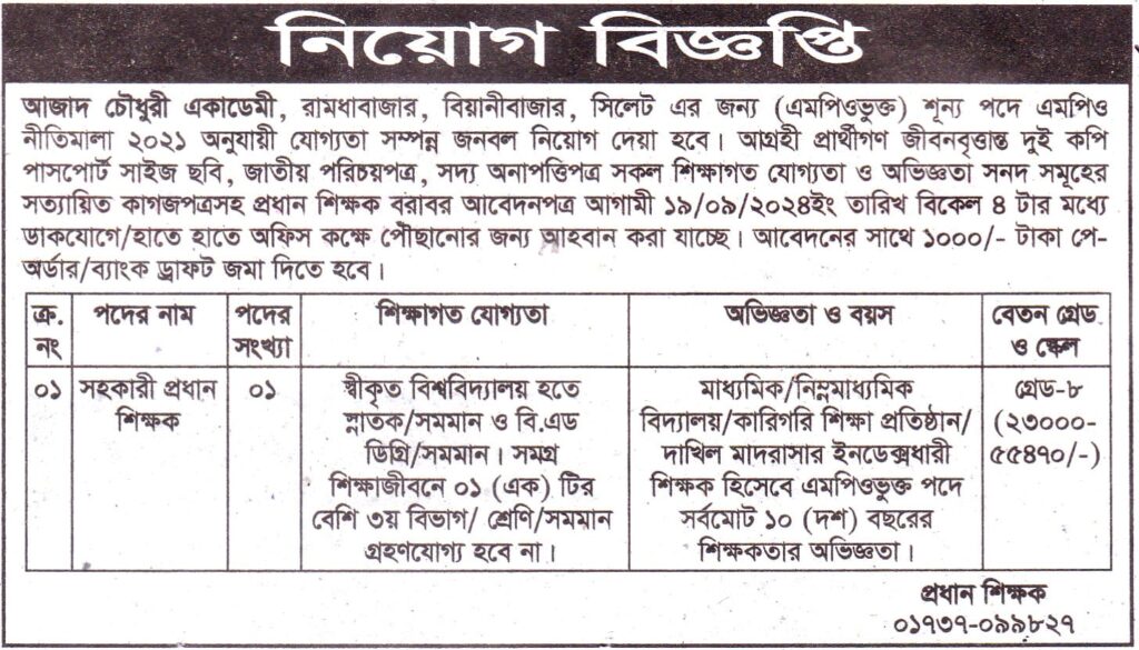 চাকরি দিচ্ছে আজাদ চৌধুরী একাডেমী