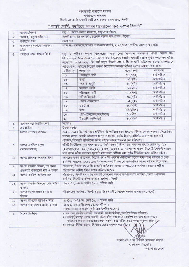 সিলেট এম এ জি ওসমানী মেডিকেল কলেজ হাসপাতাল,আউট সোর্সিং পদ্ধতিতে জনবল সরবরাহের পুনঃ দরপত্র বিজ্ঞপ্তি"