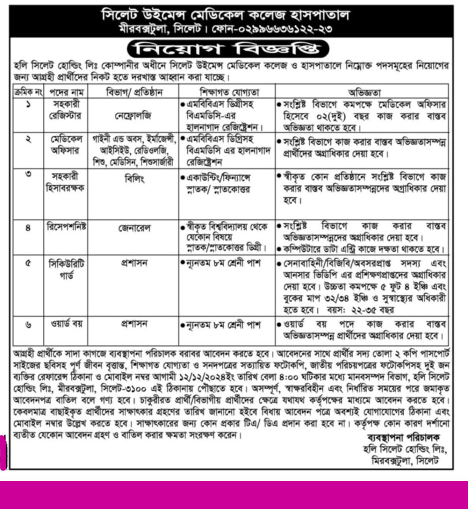 চাকরি দিচ্ছে সিলেট উইমেন্স মেডিকেল কলেজ হাসপাতাল