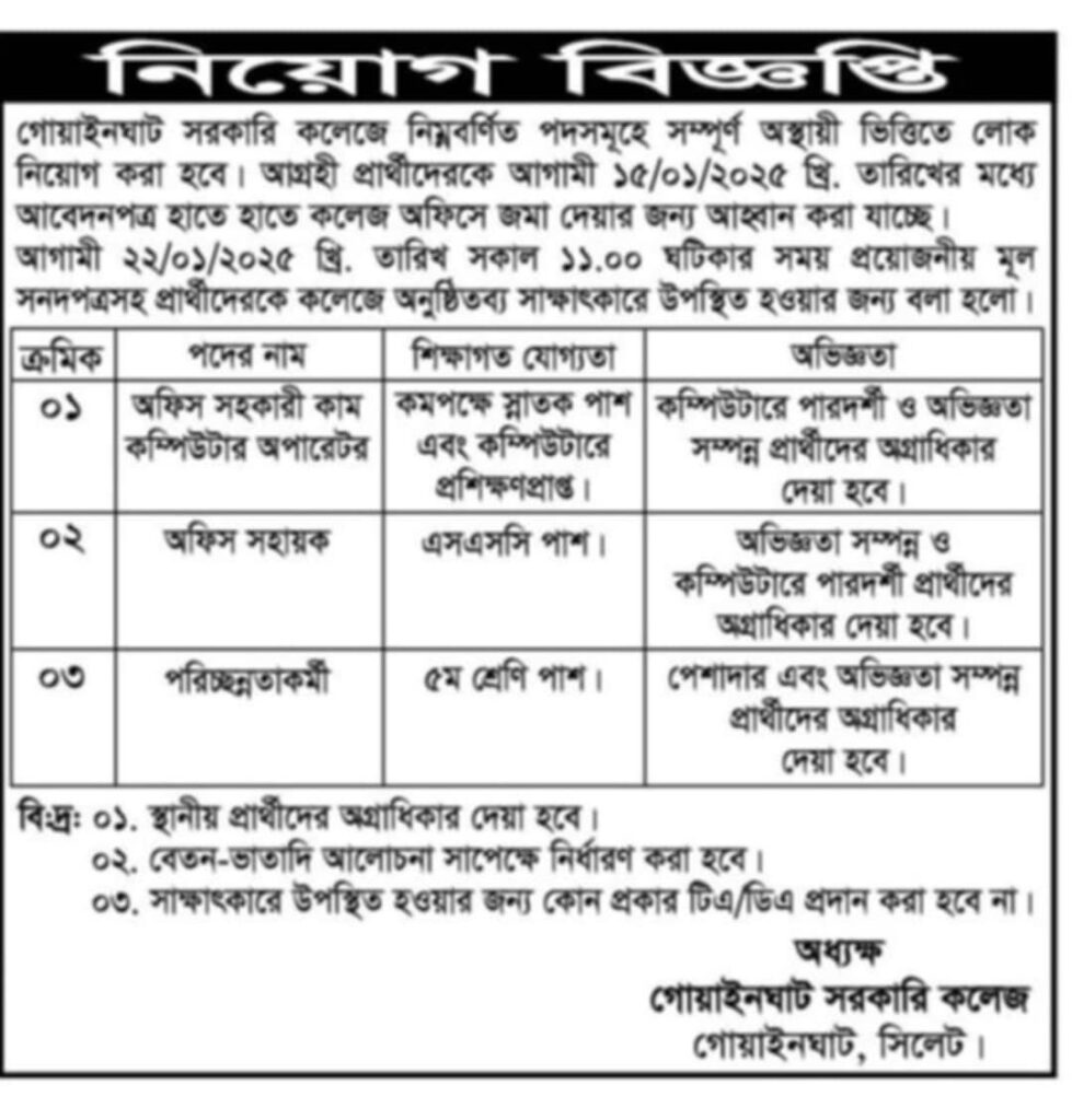 চাকরি দিচ্ছে গোয়াইনঘাট সরকারি কলেজ