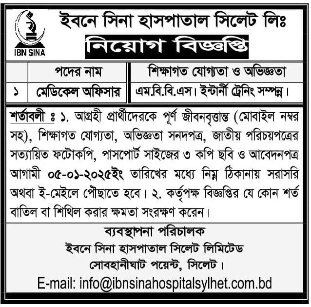 ইবনে সিনা হাসপাতাল সিলেট লিঃ চাকরি