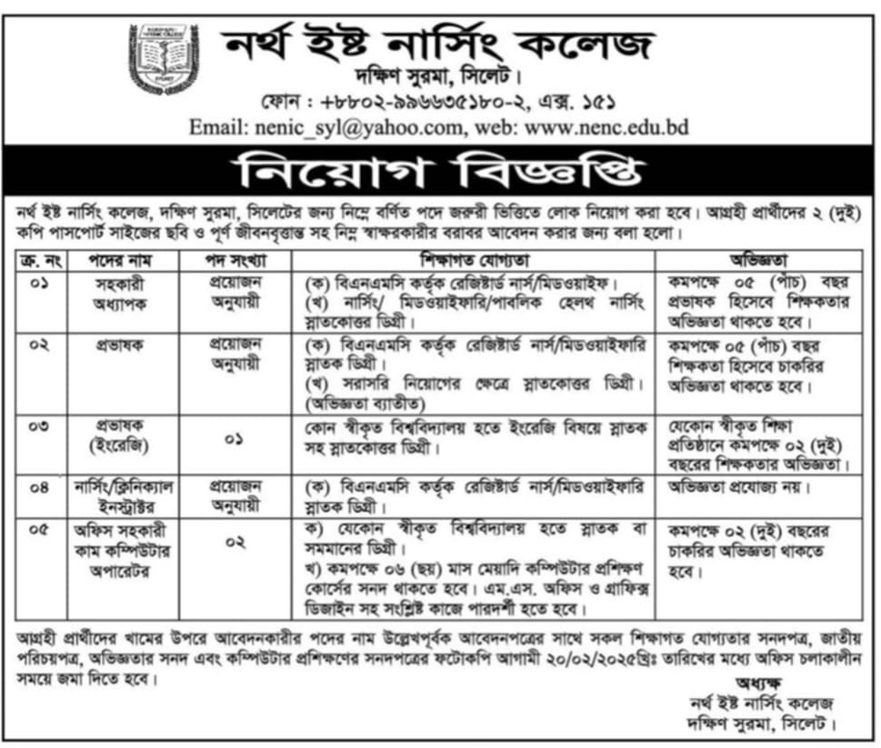 চাকরি দিচ্ছে নর্থ ইষ্ট নার্সিং কলেজ

নর্থ ইষ্ট নার্সিং কলেজ, দক্ষিণ সুরমা, সিলেটের জন্য নিম্নে বর্ণিত পদে জরুরী ভিত্তিতে লোক নিয়োগ করা হবে। আগ্রহী প্রার্থীদের ২ (দুই) কপি পাসপোর্ট সাইজের ছবি ও পূর্ণ জীবনবৃত্তান্ত সহ নিম্ন স্বাক্ষরকারীর বরাবর আবেদন করার জন্য বলা হলো।

পদের নাম
সহকারী অধ্যাপক
পদ সংখ্যা
প্রয়োজন অনুযায়ী
শিক্ষাগত যোগ্যতা
(ক) বিএনএমসি কর্তৃক রেজিষ্টার্ড নার্স/মিডওয়াইফ।
(খ) নার্সিং/ মিডওয়াইফারি/পাবলিক হেলথ নার্সিং স্নাতকোত্তর ডিগ্রী।
অভিজ্ঞতা
কমপক্ষে ০৫ (পাঁচ) বছর প্রভাষক হিসেবে শিক্ষকতার অভিজ্ঞতা থাকতে হবে।

পদের নাম
প্রভাষক
পদ সংখ্যা
প্রয়োজন অনুযায়ী
সহকারী অধ্যাপক
(ক) বিএনএমসি কর্তৃক রেজিষ্টার্ড নার্স/মিডওয়াইফারি স্নাতক ডিগ্রী।
(খ) সরাসরি নিয়োগের ক্ষেত্রে স্নাতকোত্তর ডিগ্রী। (অভিজ্ঞতা ব্যাতীত)
অভিজ্ঞতা
কমপক্ষে ০৫ (পাঁচ) বছর শিক্ষকতা হিসেবে চাকরির অভিজ্ঞতা থাকতে হবে।

পদের নাম
প্রভাষক (ইংরেজি)
পদ সংখ্যা
০১

শিক্ষাগত যোগ্যতা
কোন স্বীকৃত বিশ্ববিদ্যালয় হতে ইংরেজি বিষয়ে স্নাতক সহ স্নাতকোত্তর ডিগ্রী।
অভিজ্ঞতা
যেকোন স্বীকৃত শিক্ষা প্রতিষ্ঠানে কমপক্ষে ০২ (দুই)বছরের শিক্ষকতার অভিজ্ঞতা।

পদের নাম
নার্সিং/ক্লিনিক্যাল ইনস্ট্রাক্টর
পদ সংখ্যা
প্রয়োজন অনুযায়ী

শিক্ষাগত যোগ্যতা
অভিজ্ঞতা প্রযোজ্য নয়।

পদের নাম
অফিস সহকারী কাম কম্পিউটার অপারেটর
পদ সংখ্যা
০২
ক) যেকোন স্বীকৃত বিশ্ববিদ্যালয় হতে স্নাতক বা (ক) বিএনএমসি কর্তৃক রেজিষ্টার্ড নার্স/মিডওয়াইফারি স্নাতক ডিগ্রী।
সমমানের ডিগ্রী।
 খ) কমপক্ষে ০৬ (ছয়) মাস মেয়াদি কম্পিউটার প্রশিক্ষণ কোর্সের সনদ থাকতে হবে। এম.এস. অফিস ও গ্রাফিক্স ডিজাইন সহ সংশ্লিষ্ট কাজে পারদর্শী হতে হবে।
অভিজ্ঞতা
কমপক্ষে ০২ (দুই) বছরের চাকরির অভিজ্ঞতা থাকতে হবে।

আগ্রহী প্রার্থীদের খামের উপরে আবেদনকারীর পদের নাম উল্লেখপূর্বক আবেদনপত্রের সাথে সকল শিক্ষাগত যোগ্যতার সনদপত্র, জাতীয় পরিচয়পত্র, অভিজ্ঞতার সনদ এবং কম্পিউটার প্রশিক্ষণের সনদপত্রের ফটোকপি আগামী ২০/০২/২০২৫খ্রিঃ তারিখের মধ্যে অফিস চলাকালীন সময়ে জমা দিতে হবে।

নর্থ ইষ্ট নার্সিং কলেজ দক্ষিণ সুরমা, সিলেট।

নর্থ ইষ্ট নার্সিং কলেজ

দক্ষিণ সুরমা, সিলেট।

ফোন: +৮৮০২-৯৯৬৬৩৫১৮০-২, এক্স. ১৫১

Email: nenic_syl@yahoo.com, web: www.nenc.edu.bd

বিস্তারিত জানতে বিজ্ঞপ্তিতে চোখ রাখুন

সি/ চা/ খ/ নিজ
