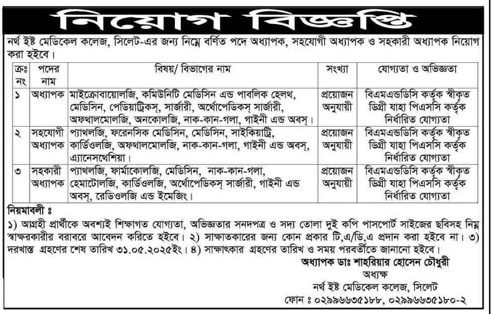 চাকরি দিচ্ছে নর্থ ইষ্ট মেডিকেল কলেজ, সিলেট