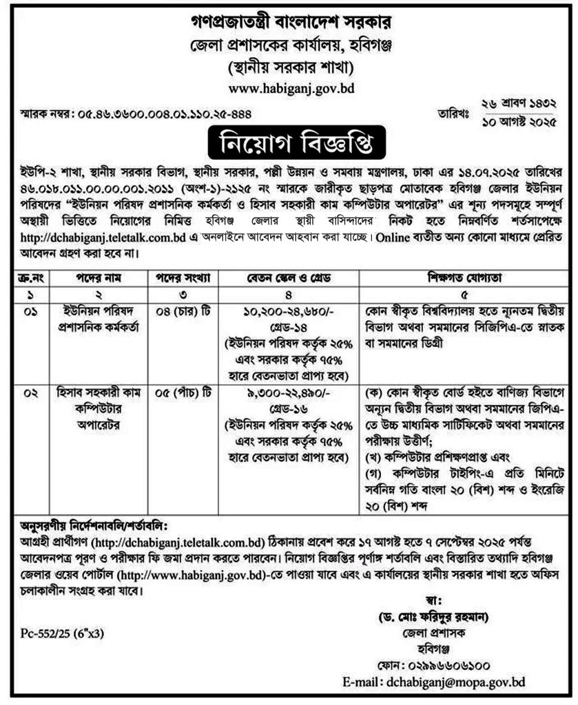 চাকরি দিচ্ছে জেলা প্রশাসকের কার্যালয়