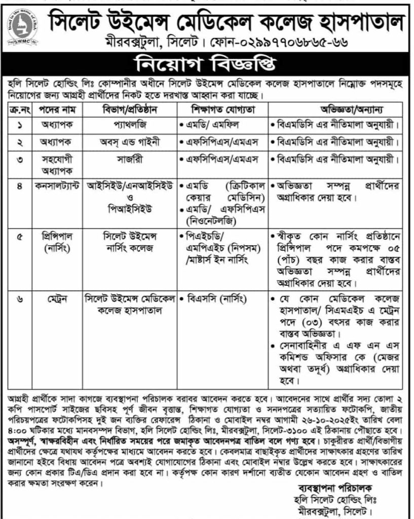 বিভিন্ন পদে নিয়োগ দিচ্ছে সিলেট উইমেন্স মেডিকেল কলেজ হাসপাতাল
