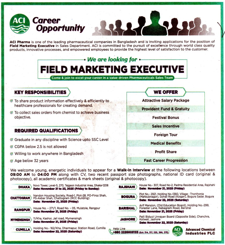 চাকরি দিচ্ছে ACI Career