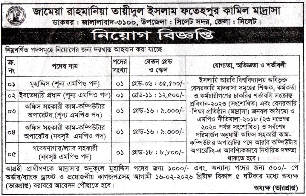 
চাকরি দিচ্ছে জামেয়া রাহমানিয়া তায়ীদুল ইসলাম ফতেহপুর কামিল মাদ্রাসা