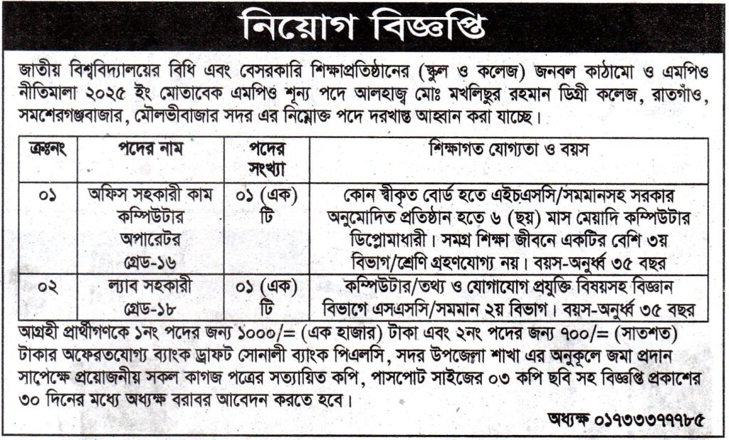 চাকরি দিচ্ছে আলহাজ্ব মোঃ মখলিছুর রহমান ডিগ্রী কলেজ