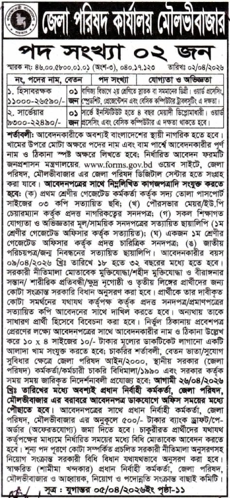 চাকরি দিচ্ছে জেলা পরিষদ কার্যালয় মৌলভীবাজার