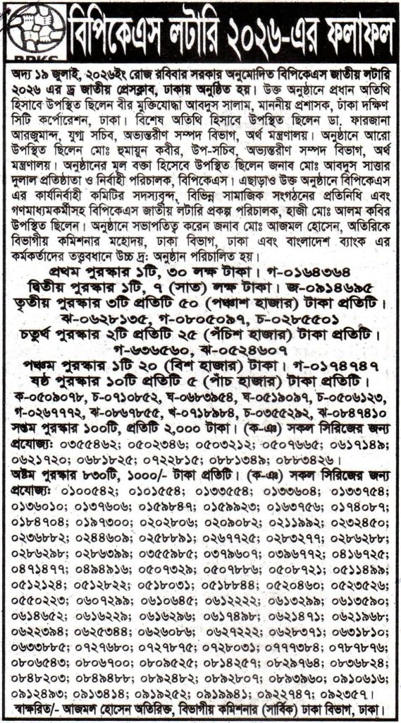 বিপিকেএস লটারি ২০২৬-এর ফলাফল