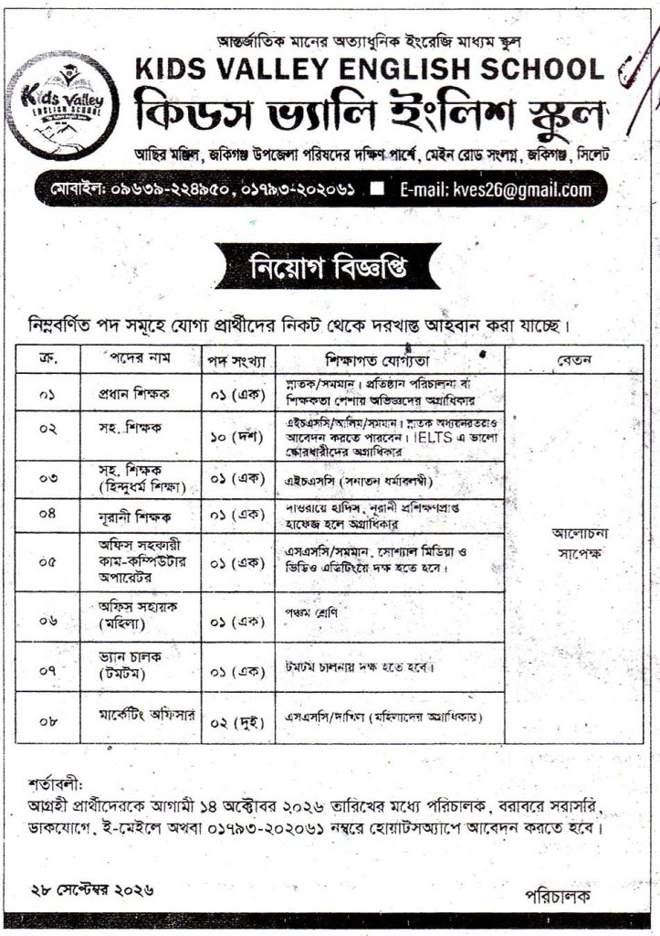 চাকরি দিচ্ছে কিডস ভ্যালি ইংলিশ স্কুল