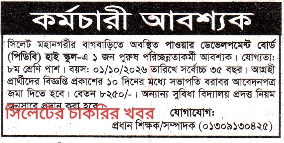 চাকরি দিচ্ছে পাওয়ার ডেভেলপমেন্ট বোর্ড (পিডিবি) হাই স্কুল