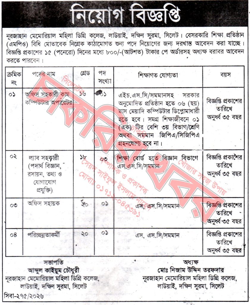চাকরি দিচ্ছে নূরজাহান মেমোরিয়াল মহিলা ডিগ্রি কলেজ